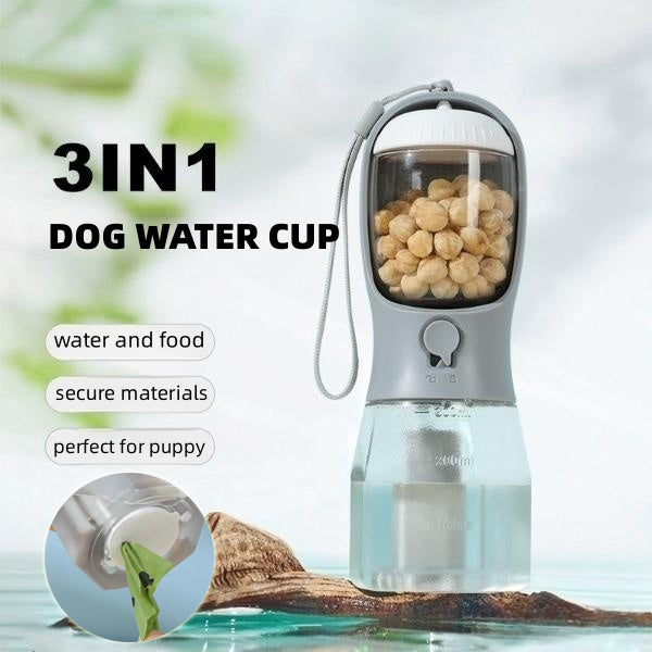 3-in-1 Portable Pet Water Bottle with Food & Waste Bag Storage