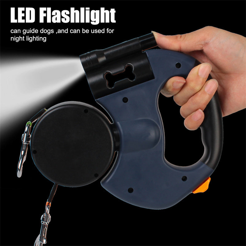 Retractable Dual Dog Leash with Reflective Design, 360° Swivel, and Flashlight