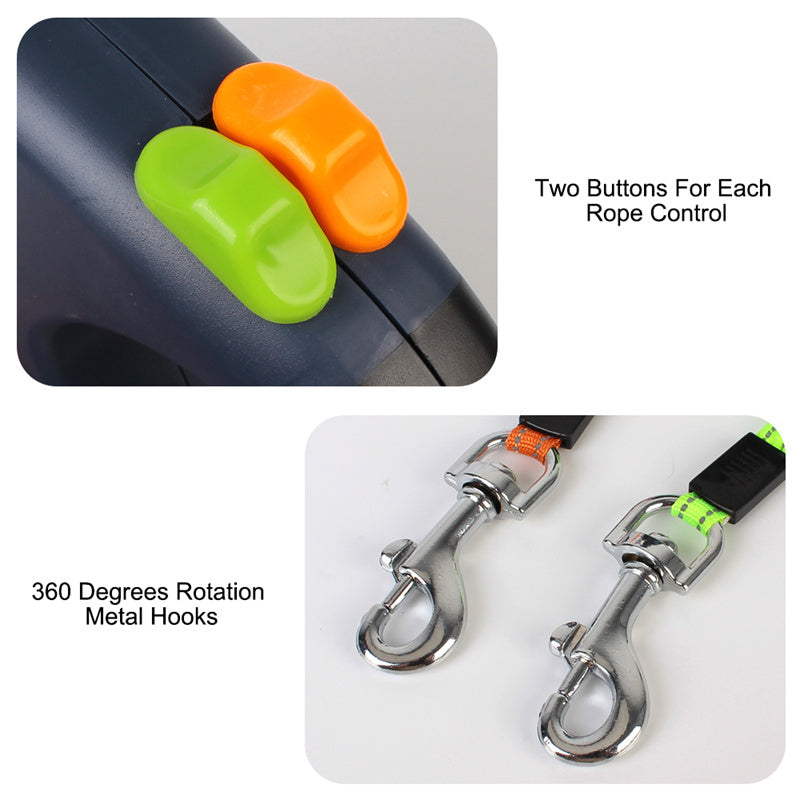 Retractable Dual Dog Leash with Reflective Design, 360° Swivel, and Flashlight