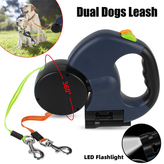 Retractable Dual Dog Leash with Reflective Design, 360° Swivel, and Flashlight